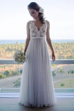 Tulle Skirt A-line V-neck Vintage Lace Top Beach Wedding Dresses SW135