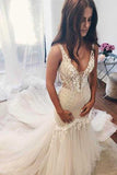 Gorgeous Tulle V-Neck Lace Mermaid Ivory Sleeveless Wedding Dresses, SW144