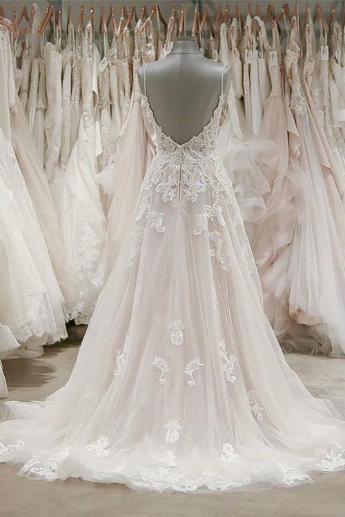 Ivory Tulle Lace Spaghetti Straps A Line Floor Length Wedding Dresses, SW175 at simidress.com