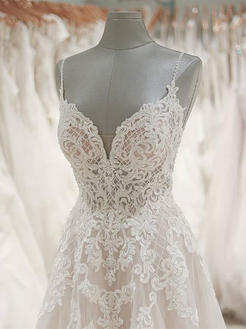 Simidress provide Ivory Tulle Lace Spaghetti Straps A Line Floor Length Wedding Dresses, SW175