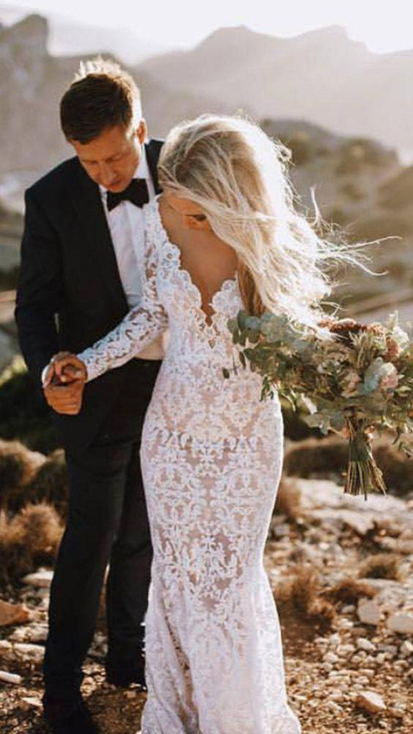 Lace Rustic Long Sleeve Mermaid White Wedding Dresses Bridal Dress, SW184 at simidress.com