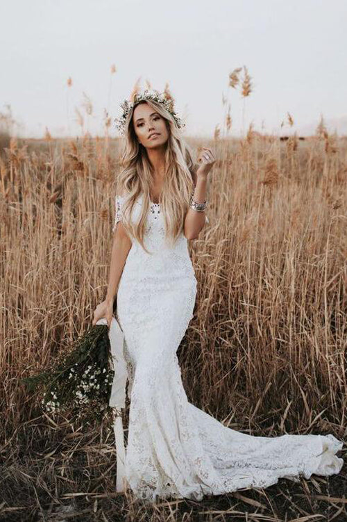 Ivory Lace Rustic Mermaid Illusion Neckline Beach Wedding Dresses, Bridal Dress, SW187|simidress.com