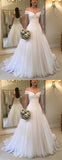 Fabulous Off Shoulder Pleated Tulle V-neck Princess White Wedding Dresses, SW192|simidress.com