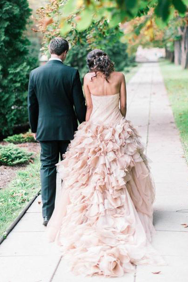 simidress.com offer Blush Pink Organza Ruffle Strapless Ball Gown Wedding Dresses, SW209