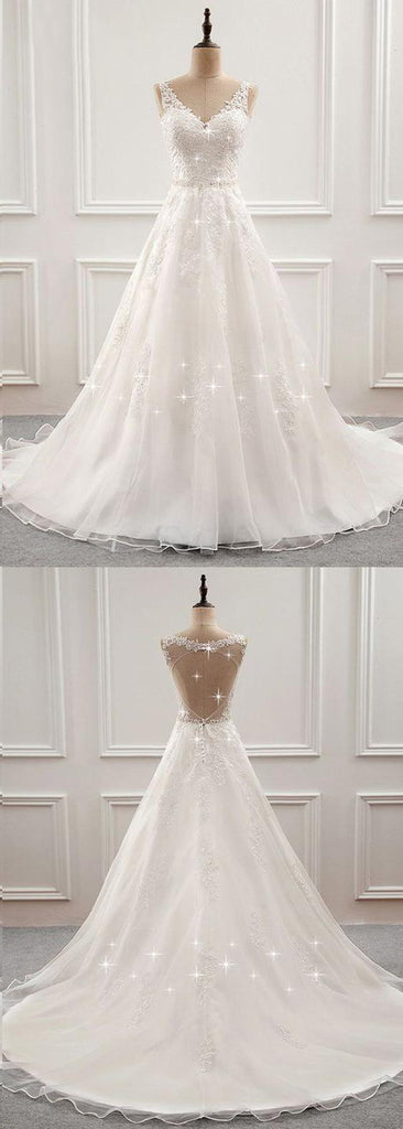White Romantic Open Back Sweep Train Wedding Dresses with Appliques, SW232|simidress.com