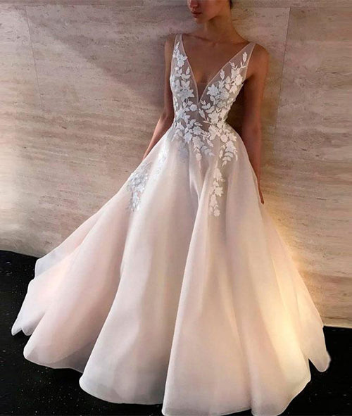 Simple White Lace V-neck A-line Long Wedding Dresses, Bridal Gown, SW234 –  Simidress