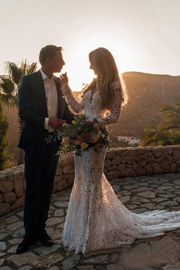 Gorgeous White Long Sleeve Lace V-neck Boho Beach Wedding Dresses, SW250|simidress.com