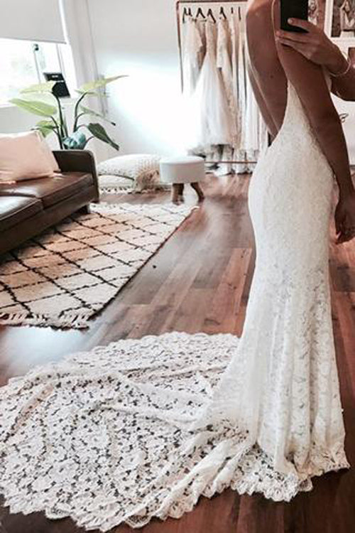 Charming Lace Backless Mermaid Spaghetti Straps Beach Wedding Dresses, SW251|simidress.com