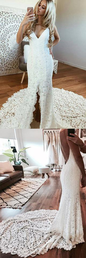 Charming Lace Backless Mermaid Spaghetti Straps Beach Wedding Dresses, SW251 supplied by www.simidress.com