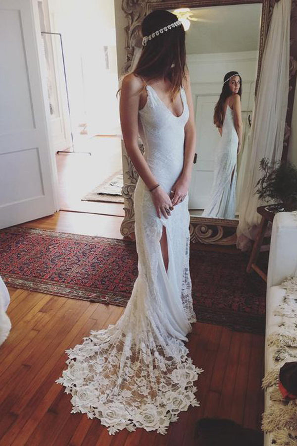 simidress.com offer Ivory Backless Summer Rustic Lace Beach Wedding Dresses Bridal Gowns, SW259