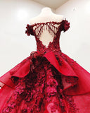 simidress.com offer Gorgeous Red Off-the-Shoulder Beaded Ball Gown V-neck Appliques Wedding Dresses, SW268