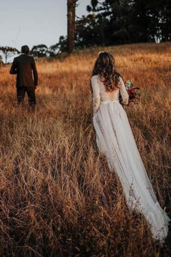 Gorgeous Lace Polka Dot Boho Wedding Dresses | Bridal Dress with Sleeves, SW269 from simidress.com