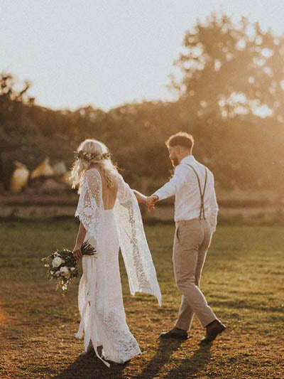 Unique Ivory Sheath Boho Bohemian Lace Rustic Wedding Dresses