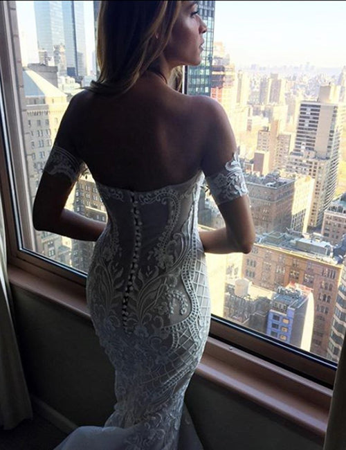www.simidress.com | Gorgeous White Lace Mermaid Sweetheart Neck Wedding Dresses | Bridal Dress, SW282-2