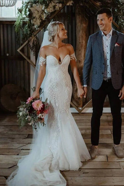 www.simidress.com | Gorgeous White Lace Mermaid Sweetheart Neck Wedding Dresses | Bridal Dress, SW282-5