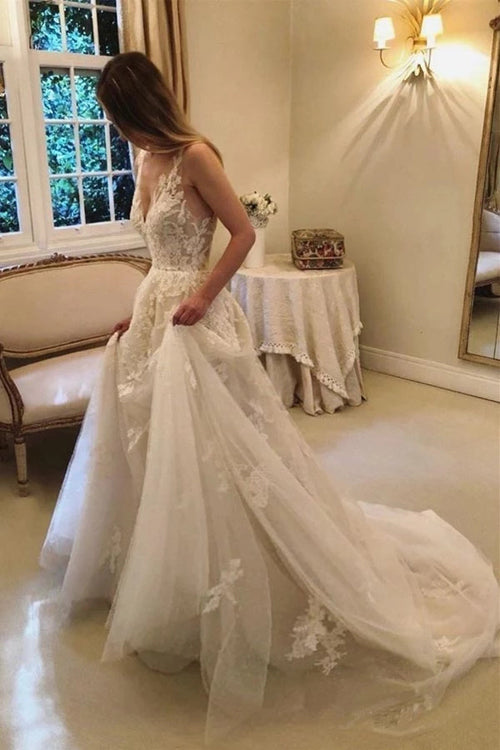 www.simidress.com | Fabulous Vintage Rustic A-line V-neck Beaded Lace Wedding Dresses Bridal Gown, SW283