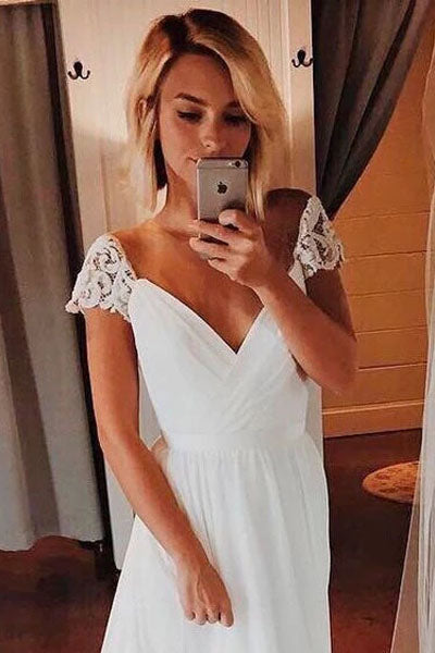 Simple Chiffon A-line Cap Sleeve V-neck Bohemian Beach Wedding Dresses, SW294 | simidress.com