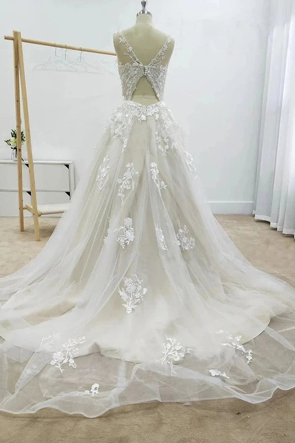 Gorgeous Tulle A-line Backless Boho Floral Appliques Beach Wedding Dresses, SW296