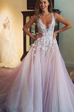 V-neck Long Wedding Dress with Appliques Sheer Back Wedding Gown SW31