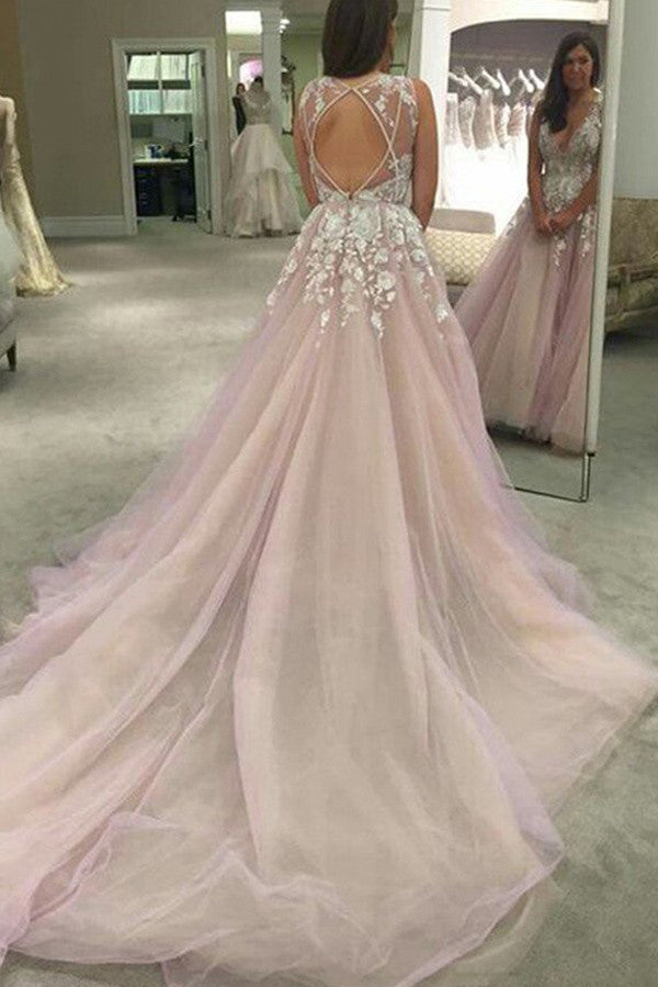 V-neck Long Wedding Dress with Appliques Sheer Back Wedding Gown SW31