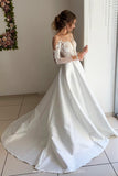 Find Beautiful Satin Long Sleeves Ball Gown Open Back Wedding Dresses with Appliques, SW314 at www.simidress.com
