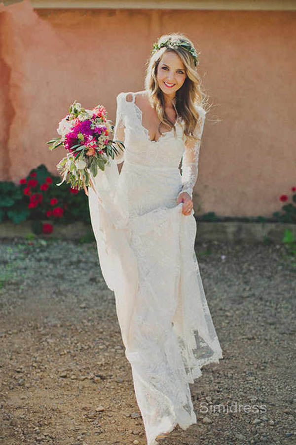 Sheath Backless V-Neck Long Sleeve Court Train Illusion Lace Wedding Dress, SW323