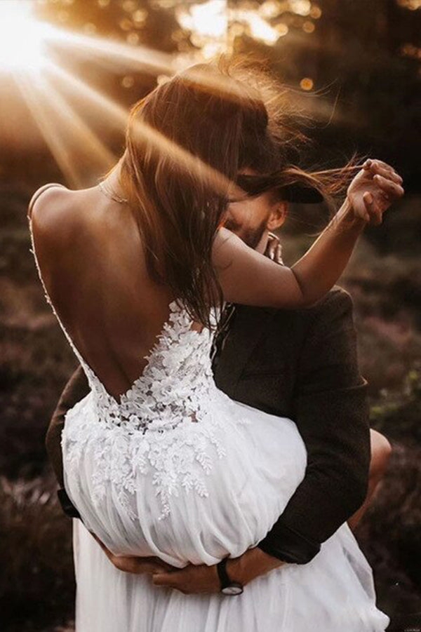 Elegant White Backless A-line Unlined Lace Bodice V-neck Wedding Dress, SW336 from simidress.com