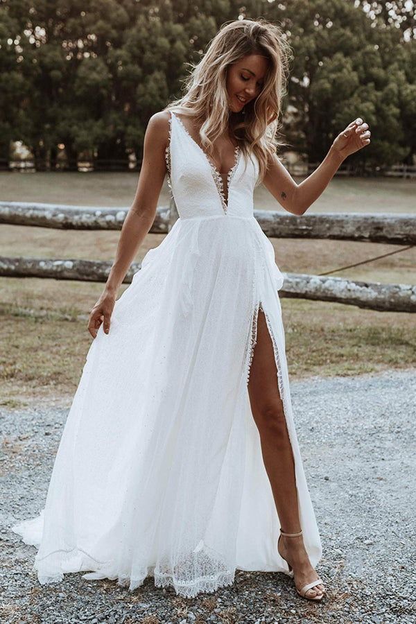 Boho Chiffon A-line V-neck Lace Spaghetti Straps Beach Wedding Dresses, SW345 - Simidress.com