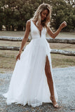 Boho Chiffon A-line V-neck Lace Spaghetti Straps Beach Wedding Dresses, SW345 - Simidress.com