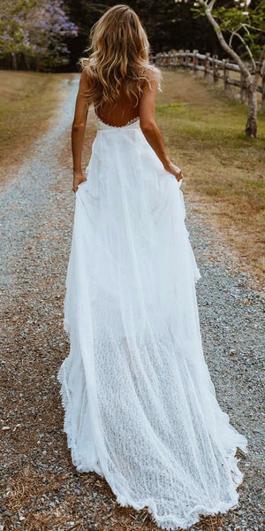 Outdoor Lace Dresses For Casual Summer Wedding Boho Chiffon A-line V-neck  Lace Spaghetti Straps Beach Wedding Dresses  Simidress