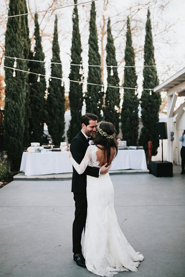 Find Beautiful Lace Long Sleeves Mermaid V-neck Open Back Wedding Dresses, SW348 at www.simidress.com