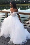 White Tulle Ball Gown Off the Shoulder Wedding Dresses With Appliques, SW351