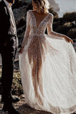 Bling A-line See Through Deep V Neck Long Sleeves Wedding Dresses, SW353 | sparkly wedding dresses | shiny wedding dresses online | beach wedding dress | www.simidress.com