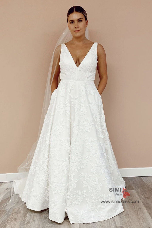 Floral Lace V-neck Appliqued Wedding Dresses with Train, SW358 | Weddings | wedding dresses | bridal gowns | wedding gowns | wedding 2020 | lace wedding dresses | white wedding dresses | Ivory wedding dresses | mermaid wedding dresses | wedding dresses cheap | wedding party dresses | boho wedding dresses | simple wedding dresses | wedding dresses near me | wedding ideas | beach wedding dresses | wedding dresses online | Simidress