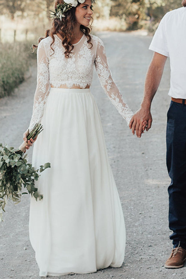 White Lace A-line Two Piece Long Sleeves Wedding Dresses with Button, SW359 | Weddings | wedding dresses | bridal gowns | wedding gowns | wedding 2020 | lace wedding dresses | white wedding dresses | Ivory wedding dresses | mermaid wedding dresses | wedding dresses cheap | wedding party dresses | boho wedding dresses | simple wedding dresses | wedding dresses near me | wedding ideas | beach wedding dresses | wedding dresses online | Simidress