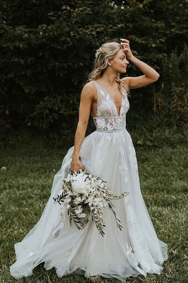 Ivory A-line V-neck Tulle Wedding Dresses Bridal Gowns With Appliques, SW360 | Weddings | wedding dresses | bridal gowns | wedding gowns | wedding 2020 | lace wedding dresses | white wedding dresses | Ivory wedding dresses | mermaid wedding dresses | wedding dresses cheap | wedding party dresses | boho wedding dresses | simple wedding dresses | wedding dresses near me | wedding ideas | beach wedding dresses | wedding dresses online | Simidress