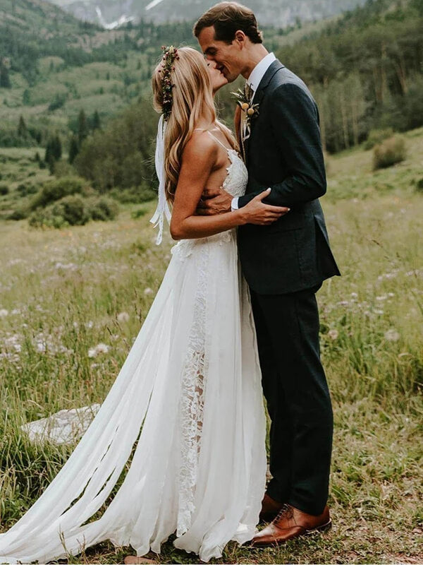 Beautiful White Lace Chiffon Spaghetti Straps Beach Wedding Dresses, SW372 | wedding dresses white | chiffon wedding dresses | lace wedding dresses | cheap wedding dresses | wedding gowns | bridals | wedding dresses near me | wedding dresses online | Simidress