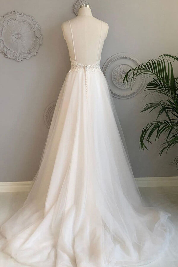 Simple Tulle Lace A-line Spaghetti Straps Beach Wedding Dresses, SW374 | wedding dresses | white wedding dresses | cheap wedding dresses | simple wedding dresses | tulle wedding dresses | wedding dresses near me | wedding dresses online | bridals | bridal gowns | wedding gowns | Simidress.com