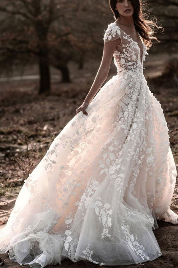 Ball Gown Cap Sleeves V-neck Open Back 3D Lace Wedding Dresses, SW379 | lace wedding dresses | cheap wedding dresses | ball gown wedding dresses | bridal gowns | weddings | simidress.com