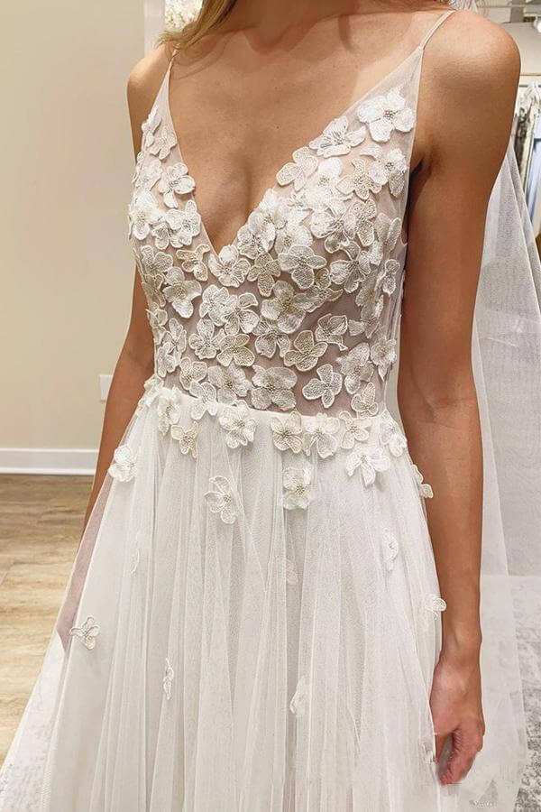 Ivory Tulle A-line V-Neck Sweep Train Wedding Dresses With Flowers, SW382 | bridals | wedding dresses cheap | wedding dresses near me | wedding ideas | wedding dresses online | Simidress