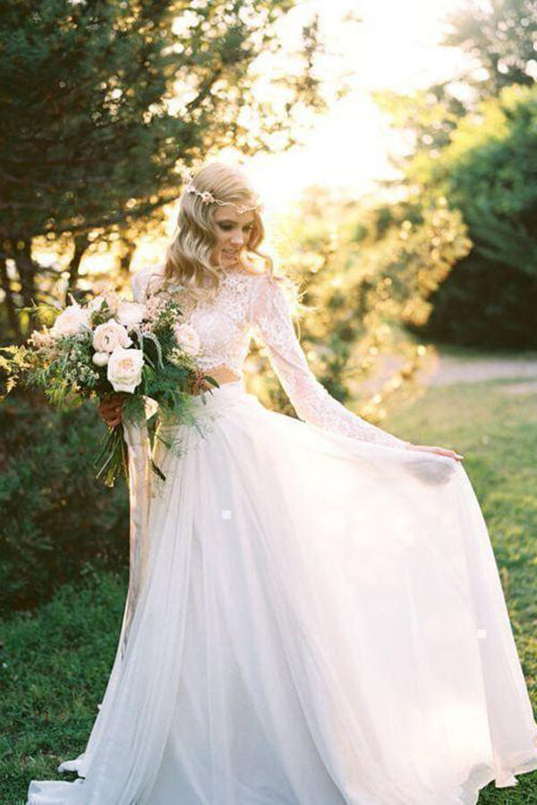 Two Piece Long Sleeve Top Lace Beach Wedding Dresses Bridal Dresses, SW386 | wedding dresses | bridal gowns | cheap wedding dresses | long sleeve wedding dresses | Simidress