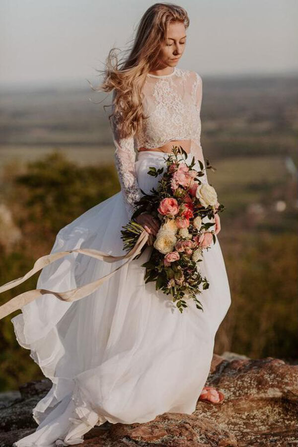 Two Piece Long Sleeve Top Lace Beach Wedding Dresses Bridal Dresses, SW386 | long sleeves wedding dresses | cheap wedding dresses | two piece wedding dresses | lace wedding dresses | simidress.com