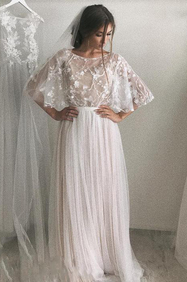 Ivory A-line Tulle Scoop Half Sleeves Lace Wedding Dresses with Train, SW392 | wedding dresses | bridal dresses | bridal gowns | lace wedding dresses | cheap lace wedding dresses | bridal gowns | Simidress