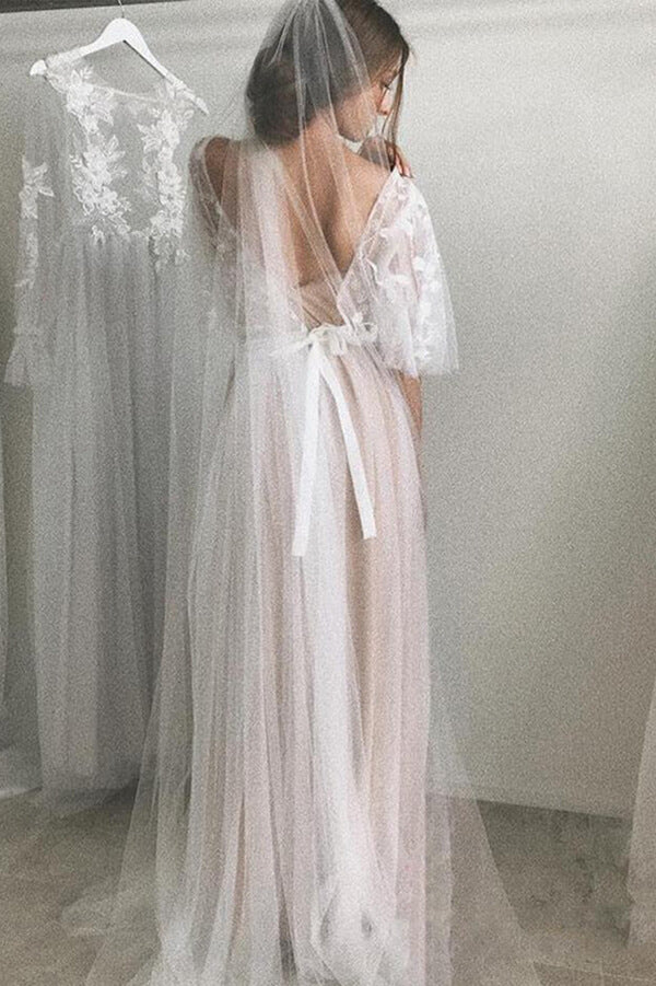 Ivory A-line Tulle Scoop Half Sleeves Lace Wedding Dresses with Train, SW392 | lace wedding dresses | Ivory wedding dresses | bridals | cheap wedding dresses | Simidress.com