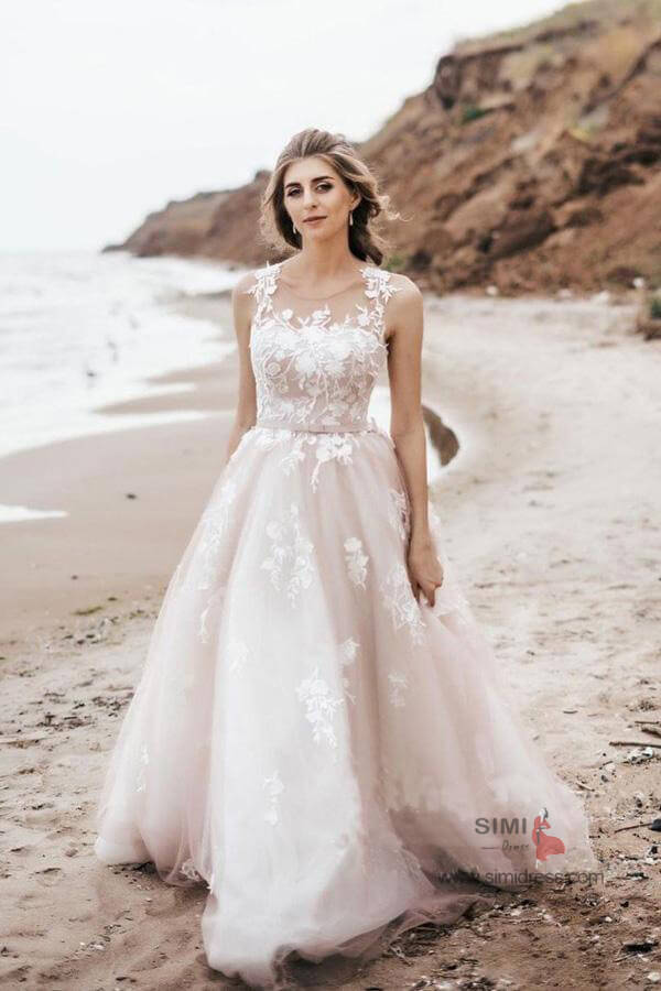 Vintage Ivory Lace A Line Tulle Illustion Neck Corset Back Wedding Dresses, SW393