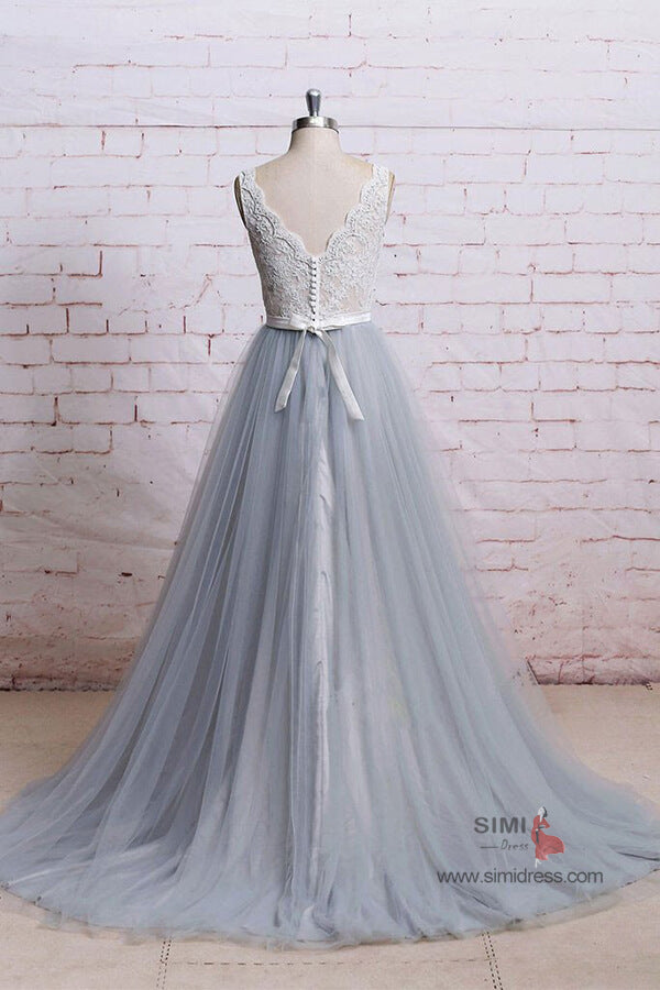 Ivory Lace Bodice Grey Tulle Skirt A-Line V-Neck Chapel Train Wedding Dresses, SW395 | grey wedding dresses | cheap wedding dresses | wedding dress | lace wedding dresses | Simidress.com