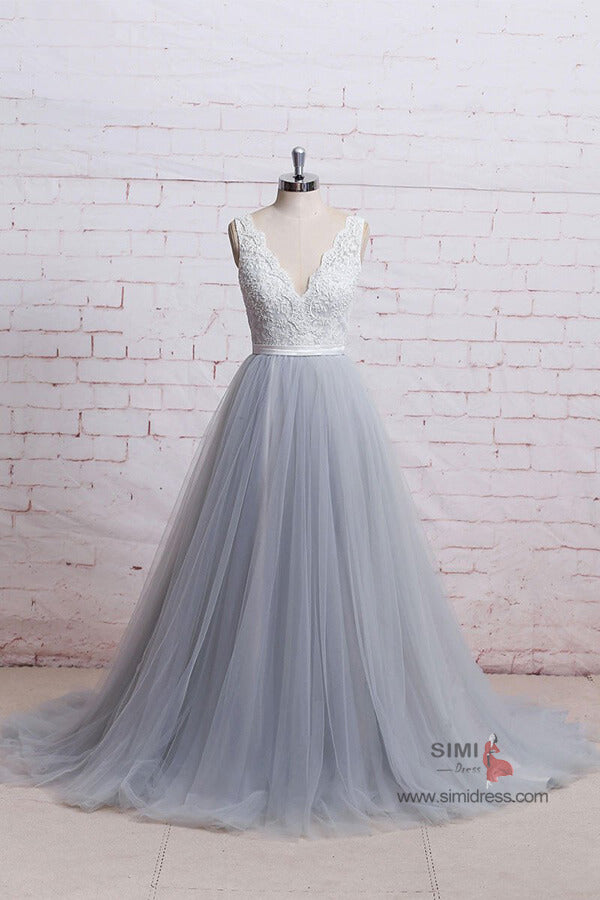 Ivory Lace Bodice Grey Tulle Skirt A-Line V-Neck Chapel Train Wedding Dresses, SW395 | wedding dresses | bridal dresses | wedding gowns | grey wedding dresses | Simidress.com