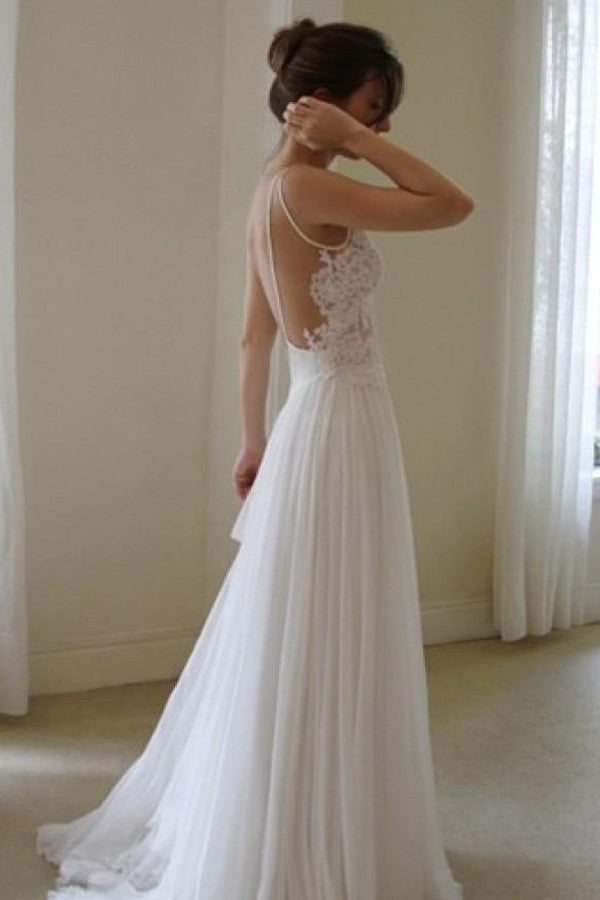 White Simple Lace Bridal Gown, Sexy Backless Cheap Wedding Dress,SW56