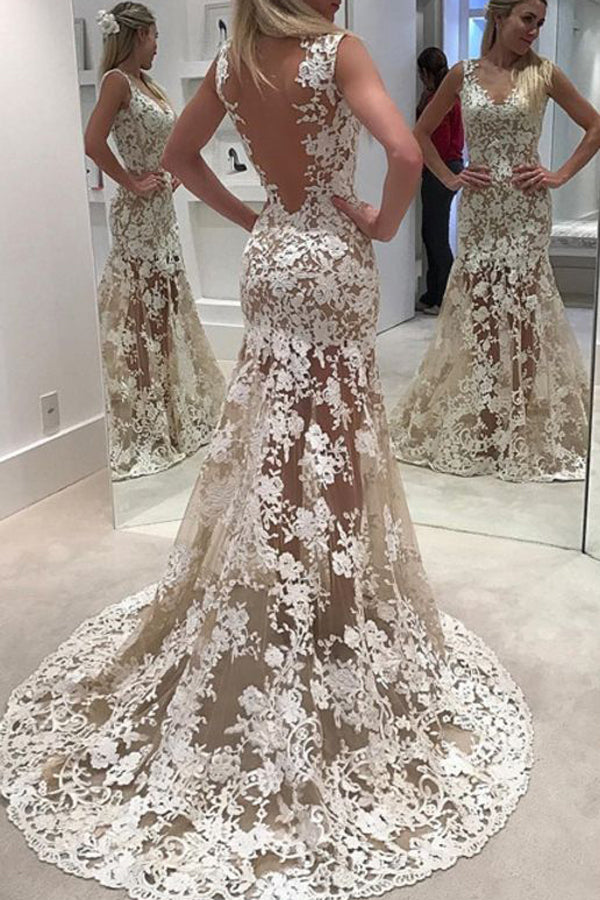 Open Back Sweep Train Wedding Dresses,Sheer Lace Up Appliques Wedding Gown,SW66Open Back Sweep Train Wedding Dresses,Sheer Lace Up Appliques Wedding Gown