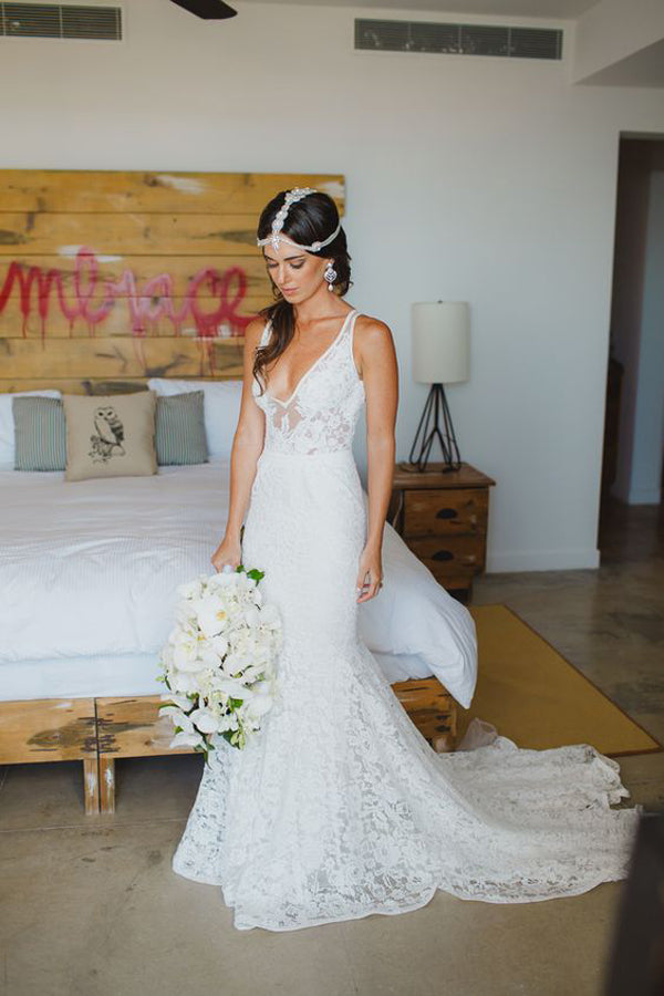 Deep V Neck Wedding Dresses,Sweep Train Appliques Cheap Wedding Gown